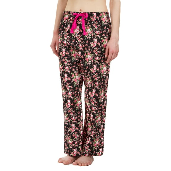 Leisureland Rose Floral Cotton Poplin Pajama Lounge Pants Black