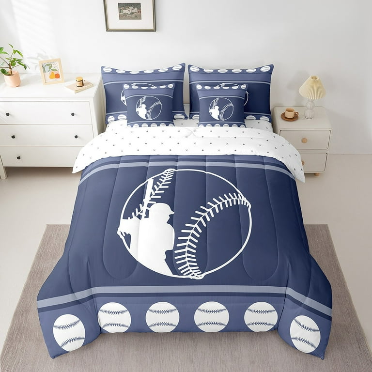 Erosebridal Piece Baseball Twin Bed in a Bag,Navy Blue White