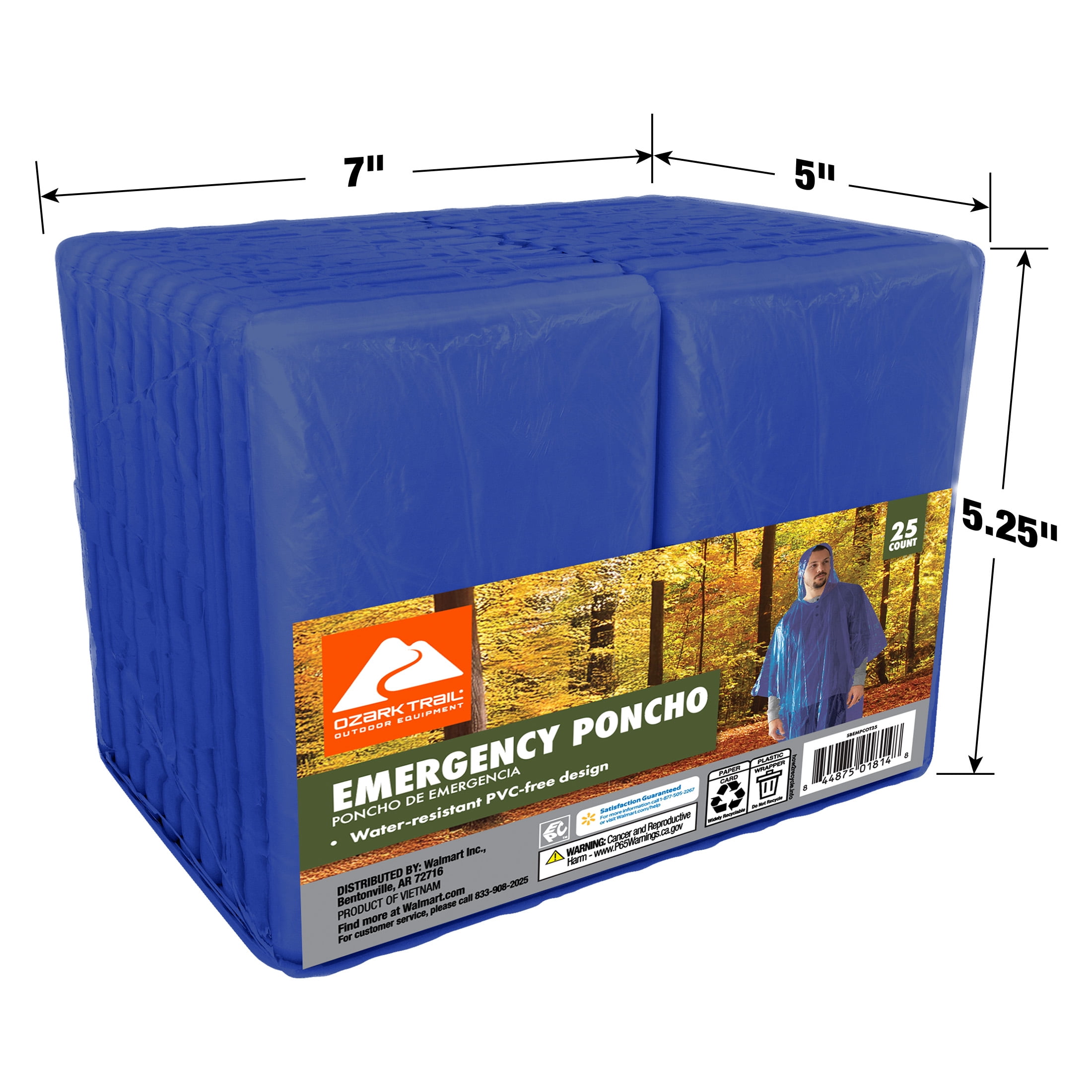 Ozark Trail Emergency Rain Ponchos, Blue, 25 Count
