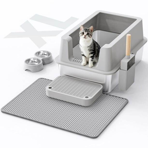 Caja de arena de acero inoxidable para gatos Caja de arena cerrada con tapa XL extragrande de metal para gatos grandes, caja de arena de gatito de alta cara antifugas, fácil limpieza, antiadherente,