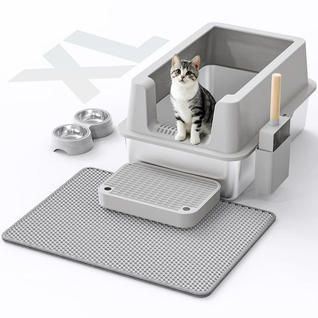 Caja de arena de acero inoxidable para gatos Caja de arena cerrada con tapa XL extragrande de metal para gatos grandes, caja de arena de gatito de alta cara antifugas, fácil limpieza, antiadherente,