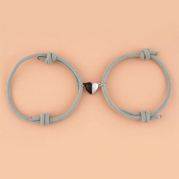Pulsera ajustable con hebilla magnética en forma de corazón en blanco y negro de moda para parejas, pulsera tejida con cuerda para mejores amigos
