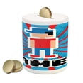 thumbnail image 1 of Video Games Piggy Bank, Red Striped Boom Beams Retro 90's Toys Boy Cap Geometric Arrangement, Ceramic Coin Bank Money Box for Cash Saving, 3.6" X 3.2", Vermilion White, by Ambesonne, 1 of 4