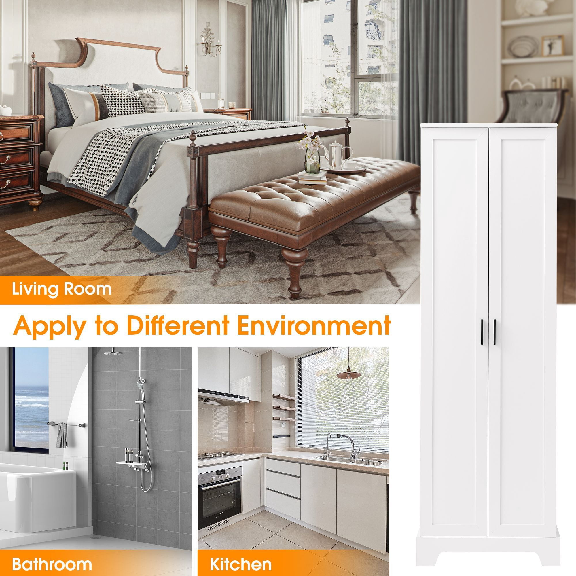 DEALTOPS 71.2” Freestanding Storage Cabinet with 2 Doors and Adjustable Shelves for Living Room, Bathroom, White