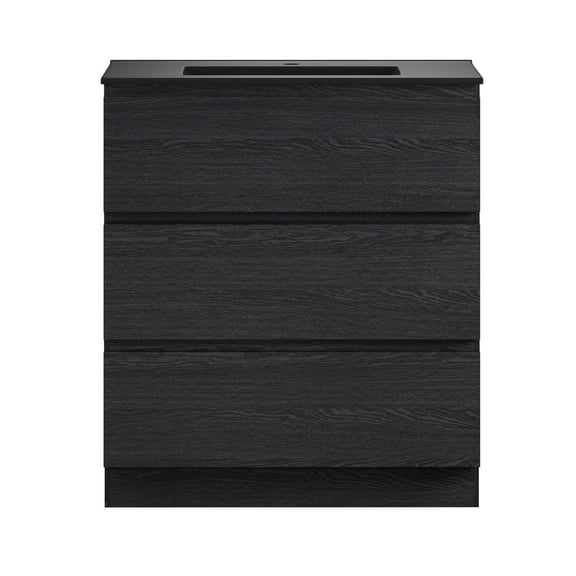 Liberte 30" Freestanding Bathroom Vanity in Black Oak with Black Sink Top