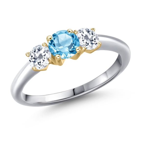 Gem Stone King 925 Silver and 10K Yellow Gold Swiss Blue Topaz and White Topaz Engagement Ring for Women | 1.31 Cttw | Round 5MM | Gemstone November Birthstone | Size 9