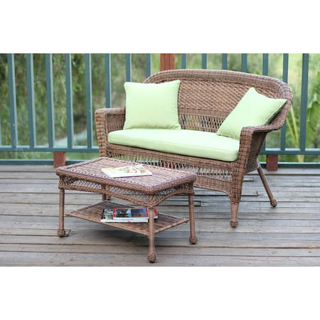 2-Piece Oswald Honey Resin Wicker Patio Loveseat & Coffee Table Set - Green Cushion