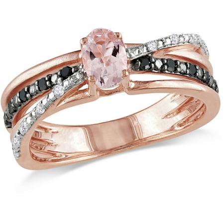 1/2 Carat T.G.W. Morganite and 1/7 Carat T.W. Black and White Diamond Pink Rhodium-Plated Sterling Silver Cross-Over Ring