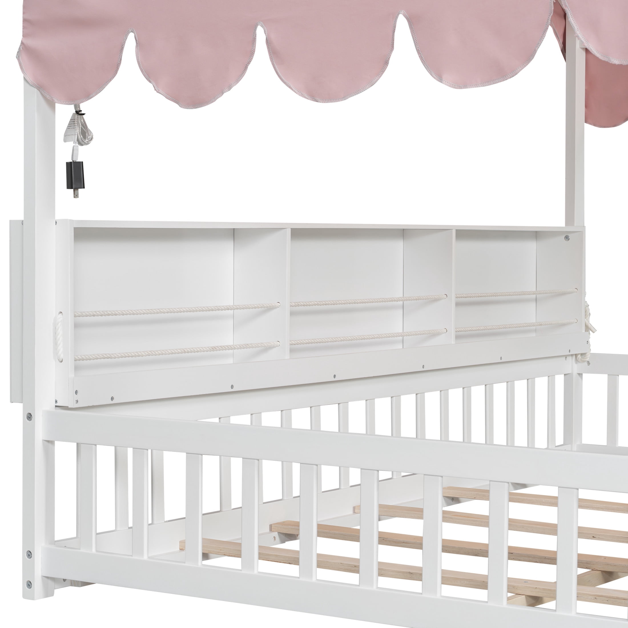 Noble House Larissa Full Size House Bed with Fence and LED Lights, Wooden Floor Bed, Heavy Duty, White and Pink