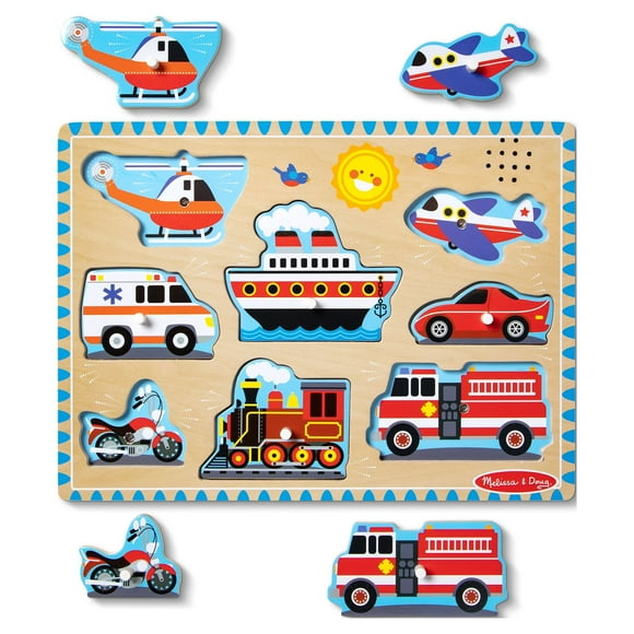 Melissa & Doug Vehicles Sound Puzzle - Wooden Peg Puzzle With Light-Activated Sound Effects (8 pcs)