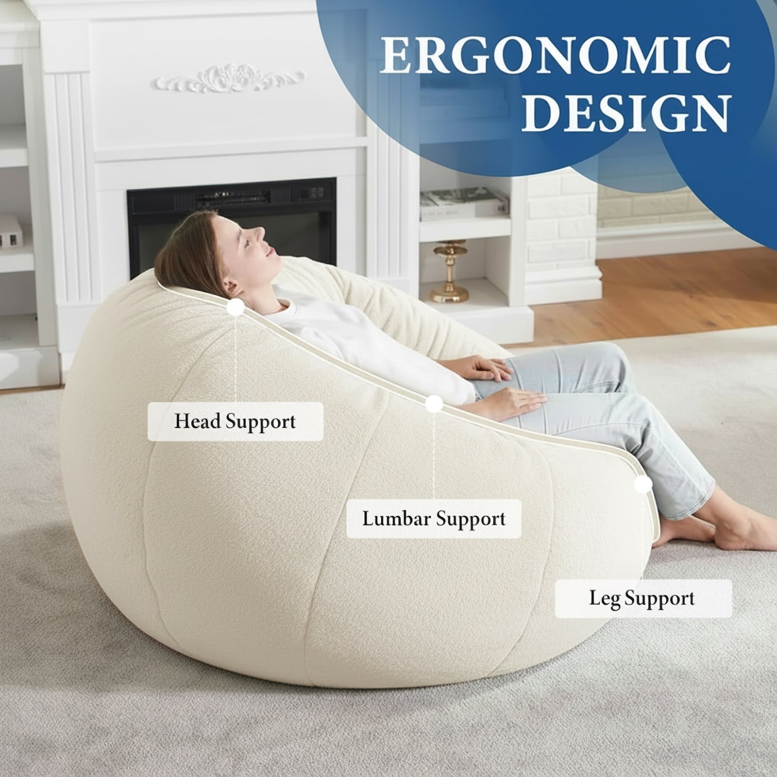 Large Bean Bag Chair for Adults, Oversized Memory Foam Beanbag Sofa with Soft Ice Flower Velvet Cover for Reading, Gaming & Relaxing (White)