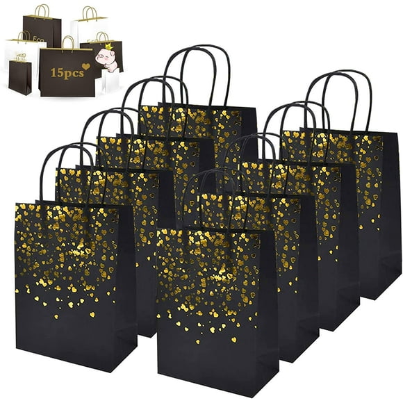 15Pcs Kraft Bag, Paper Gift Bag, Kraft Paper Bag with Handle Recyclable Gift Pouches for Christmas Wedding Birthday Party (Black)