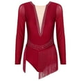 thumbnail image 3 of Alvivi Women Figure Ice Skating Fringed Leotard Sheer Mesh Long Sleeve Lyrical Dance Bodysuit Burgundy L, 3 of 7