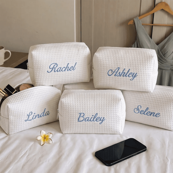 Embroidered Waffle Cosmetic Bag: Personalized Bridesmaid Makeup Bag, Bridal Shower Gift, Monogram Toiletry Bag, Gift for Her, Travel Bag