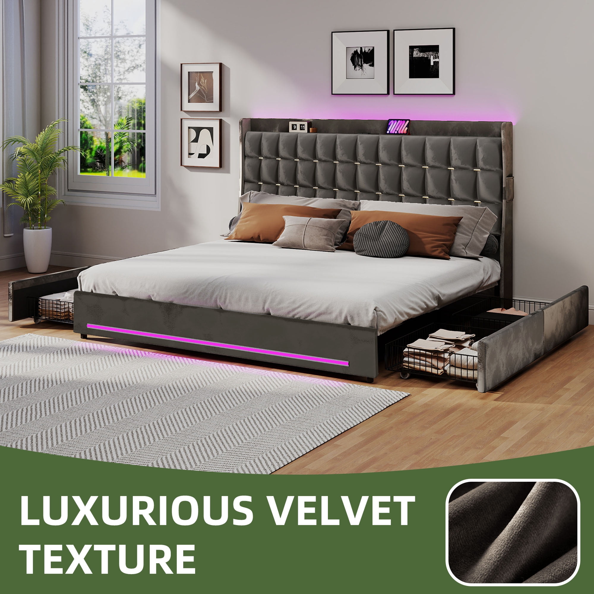 Uforic Upholstered Bed Frame with Charging Station & Drawers, King Size Bed Frame with LED Lights, Gray