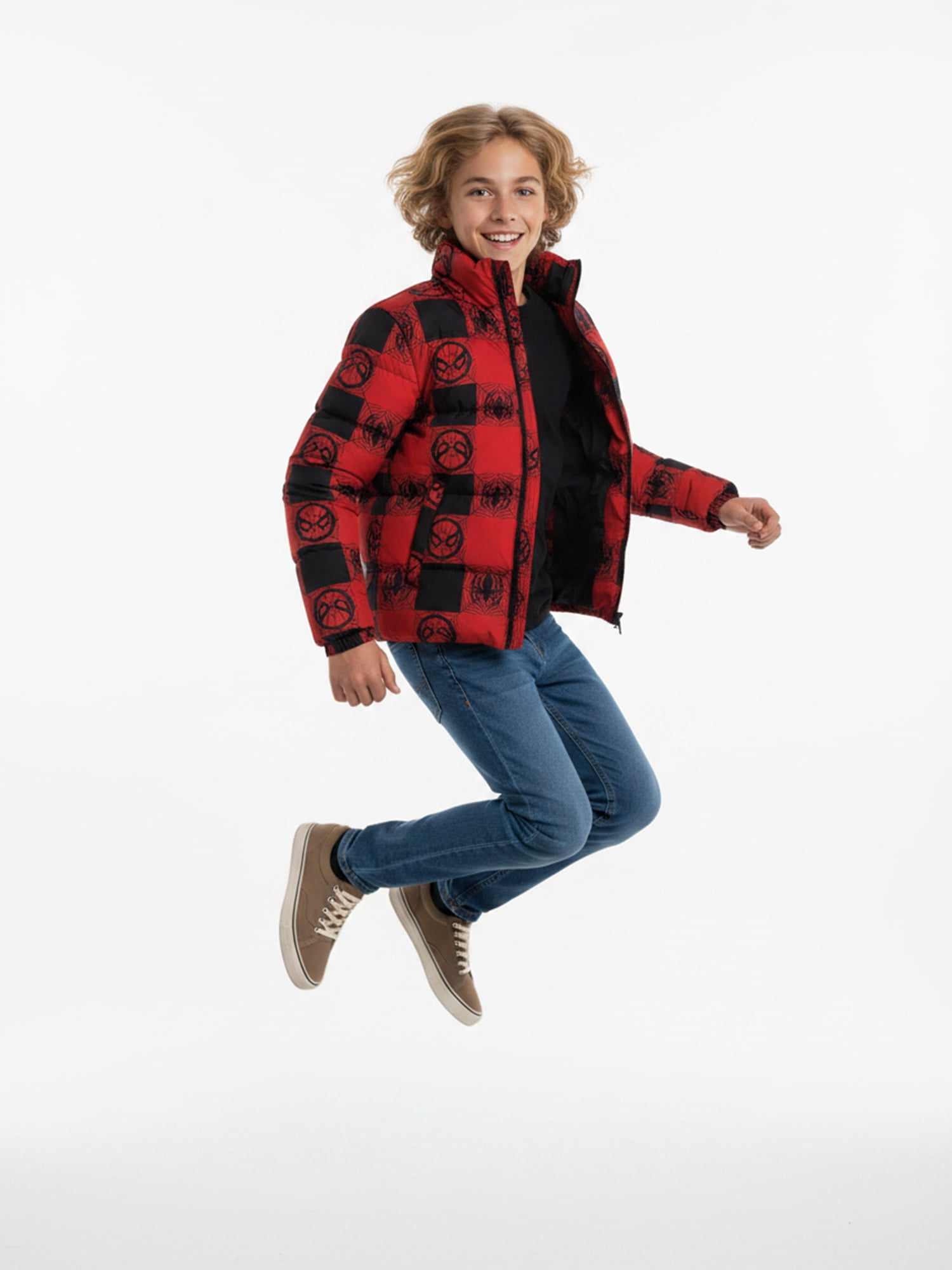 Boys’ Spider-Man Allover Logo Print Puffer Jacket, Red, Sizes XS–XL