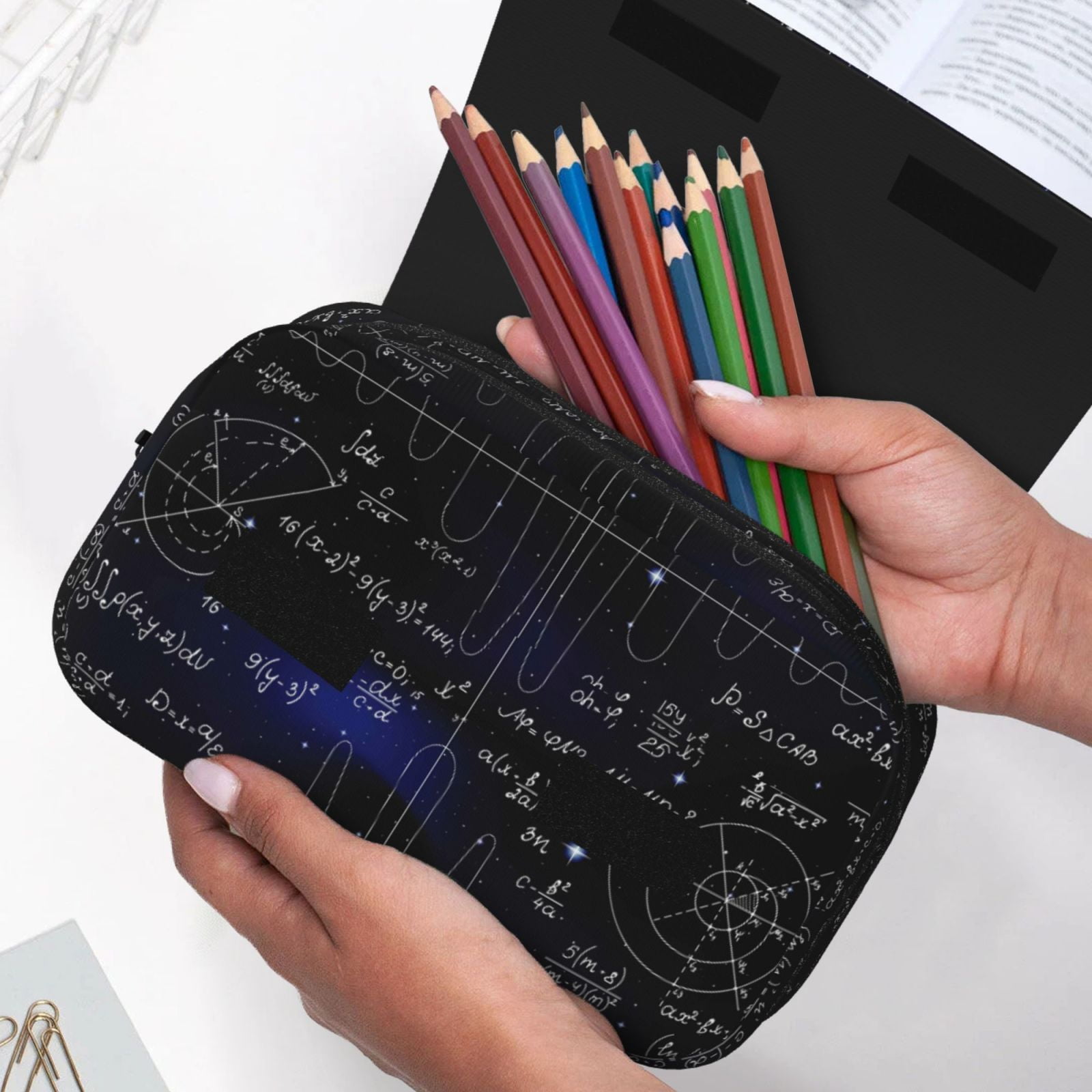 Rateoe Mathematica Science Pattern Double Clamshell Pen Case, Storage Organizer with Two Zipper Compartments– Holds Up to 50 Pencils & Pens