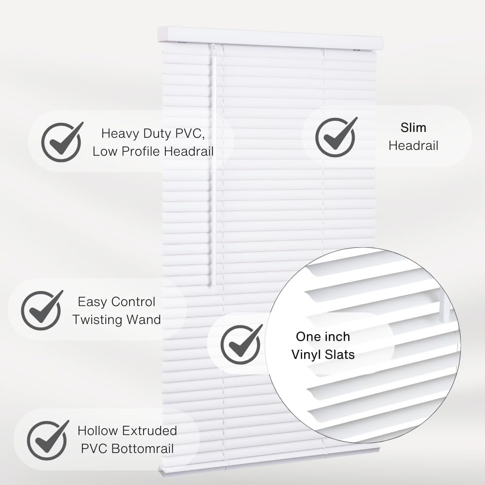 LOTUS & WINDOWARE Cordless Mini Blind, 1" Vinyl Slats, 59" Wide x 60" Long - White, Window Blinds for Home and Office, Interior Door Blinds - Light Filtering