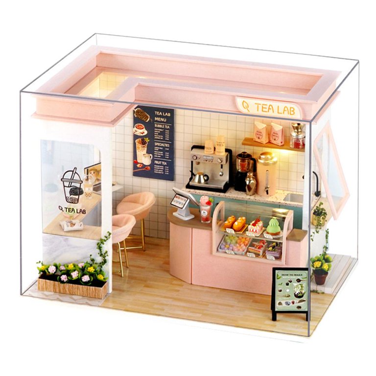 Miniature Milk Tea Shop Dollhouse, with Lights Cafe Shop for boys