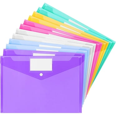 12 Pack Plastic Poly Filing Envelopes, Clear Document Folders Letter A4 Size File Envelopes with Label and Pocket Paste Button for School Home Work Office Organization, 6 Assorted Color