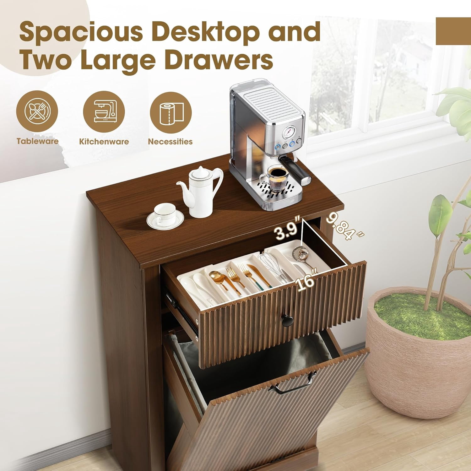 Magic Union Tilt Out Fluted Laundry Hamper Cabinet, 11 Gallon Hidden Laundry Hamper, Wooden Trash Can Cabinets with Drawer, Modern Garbage Can Cabinet for Bathroom, Kitchen, Living Room
