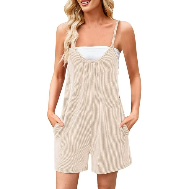 Short Jumpsuits for Women Solid Round Neck Sleeveless Pockets Casual Romper 1 Pc
