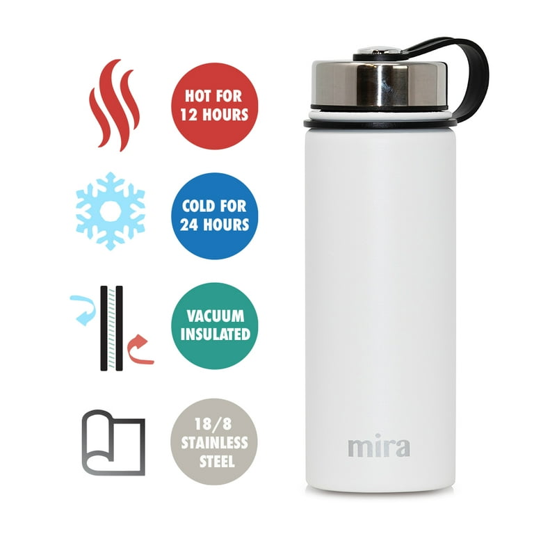 MIRA Stainless Steel Vacuum Insulated Wide Mouth Water Bottle, Thermos  Flask Keeps Water Stay Cold for 24 hours, Hot for 12 hours, Metal Bottle  BPA free cap, 18 oz (530 ml)