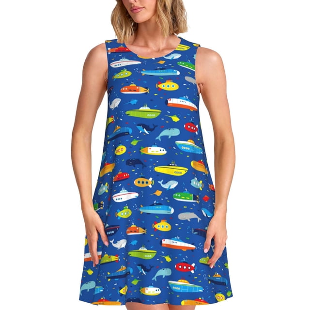 Disketp Submarines And Whales para Vestido sin Mangas para Mujeres, Vestidos de Verano para Mujeres, Casual y Holgado para la Playa