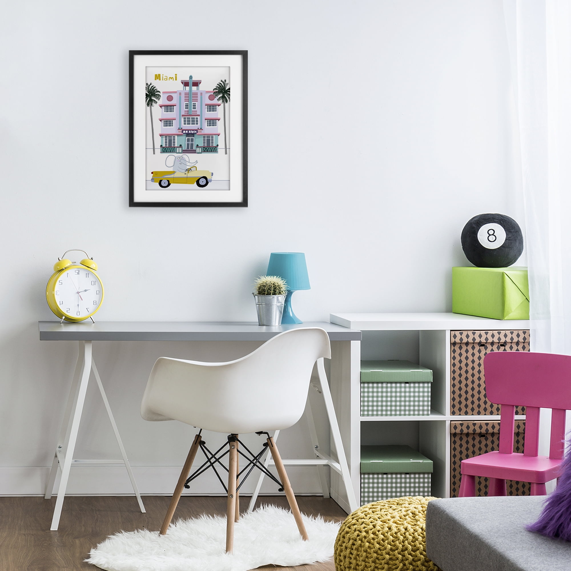 Elephant & Miami Hotel Black Framed Print Under Glass, design by Carla Daly