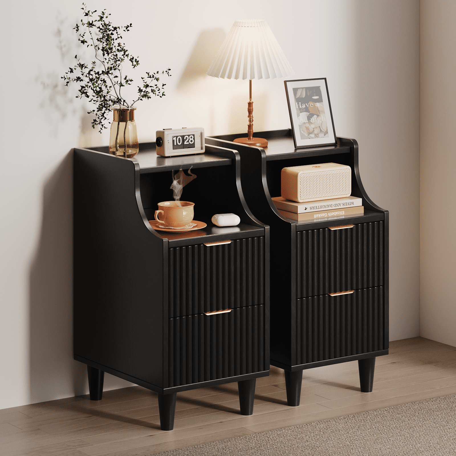UGTOO -Set of 2 Modern Black Nightstands with Drawer and Storage Shelf, End Tables for Bedroom and Living Room, Easy Assembly