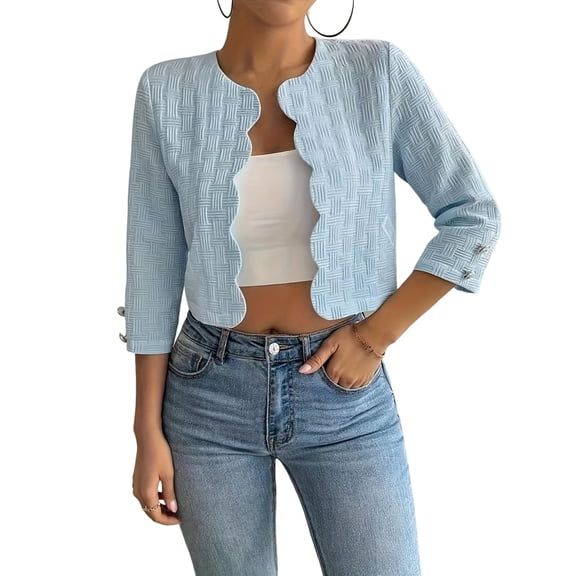 Women's Retro Solid Color Front Open Short Jacket Casual Fashion Spring Fall Outerwear Light Blue L
