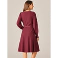 thumbnail image 4 of DARING DIVA V Neck Long Sleeve Tie Waist Pleated A-Line Midi Dress S Wine Red, 4 of 6