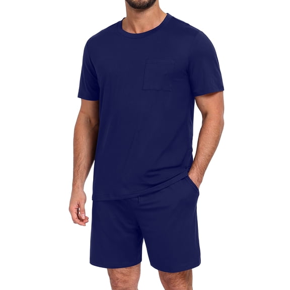 GIRUNS Men's Pajama Set Lightweight Sleepwear Short Sleeve and Shorts with Pockets Navy Blue L