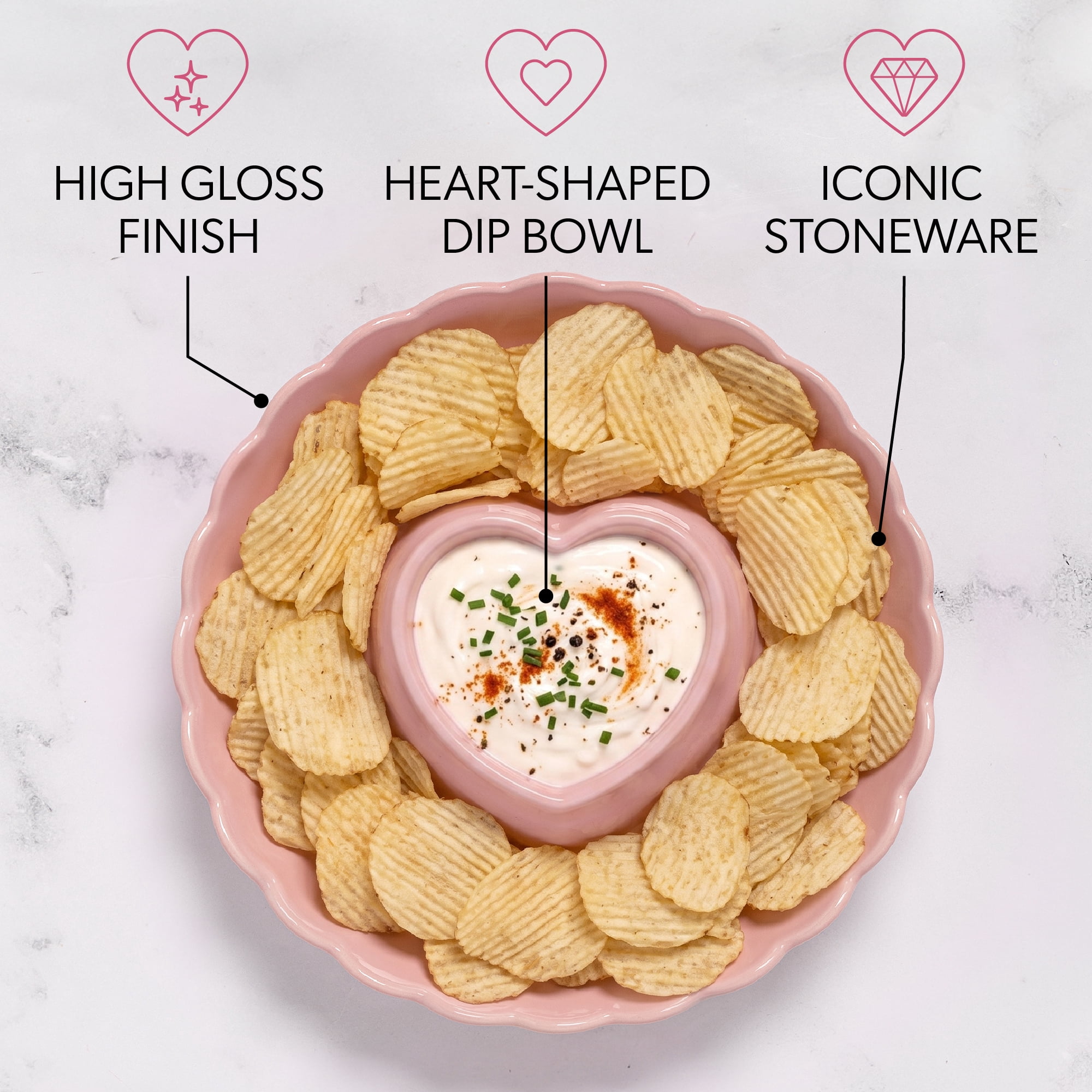 Paris Hilton Ceramic Stoneware Chip and Dip Serving Tray, 12-Inch, Scalloped Rim, Microwave and Dishwasher Safe, London Pink