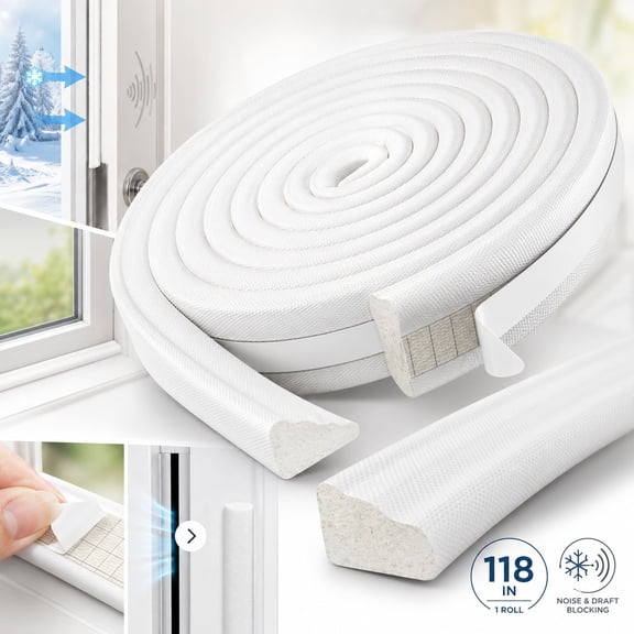Wedge-Shaped Window & Door Weather Stripping, 118-inch Foam Insulation Seal for Winter Draft & Noise Proofing, White Soundproofing Strip for Exterior Door Frames & Windows