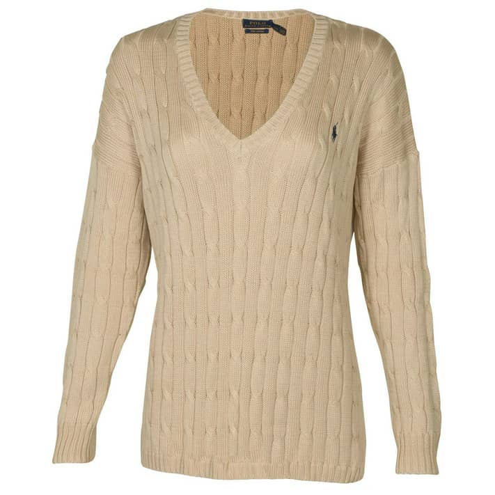 Polo RL Women's Cable Knit V-Neck Pony Sweater 