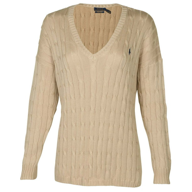 Polo RL Women's Cable Knit V-Neck Pony Sweater (Natural, Medium) -  