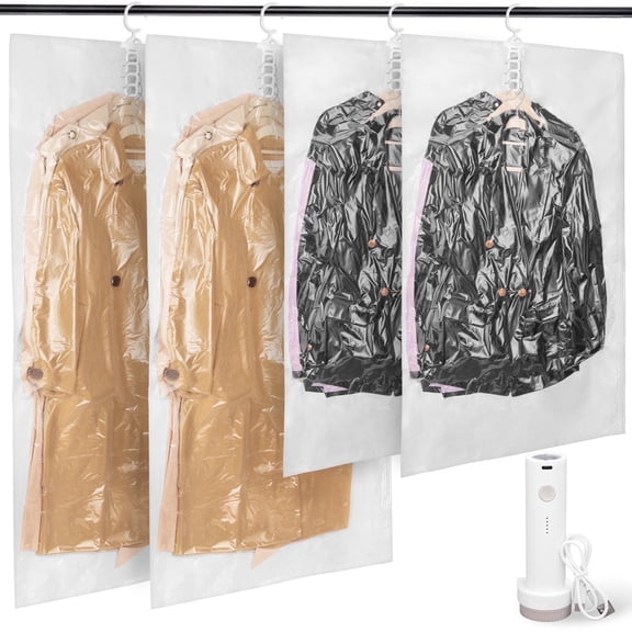 Hanging Vacuum Storage Bag with Electric Pump, 4PCS (2 Jumbo/2 Large) Space Saver Closet Organizer, Vacuum Garment Bag for Hanging Clothes to Reduce Wrinkles for Suits, Jackets and Bedding