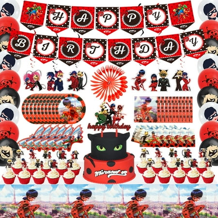 137Pcs Miraculous Ladybug Birthday Party Decorations Supplies Set with Banners, Tablecloths, Cake Topper, Cupcake Toppers, Hanging Swirls, Balloons, Forks, Knives, Plates, Spoons, Invitation Cards, Na