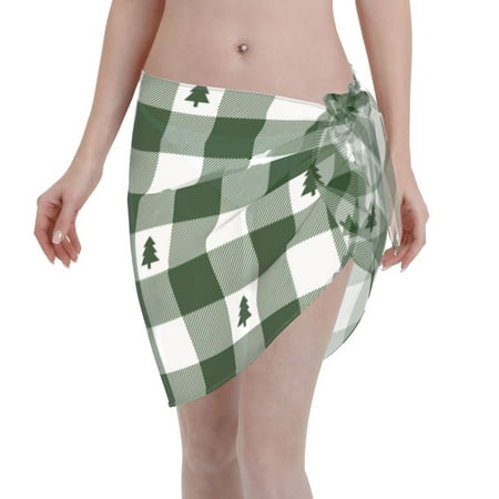 Qekee Green White Lumberjack Plaid Women s Short Sarongs Cover Ups Sheer Bikini Wraps for Swimwear