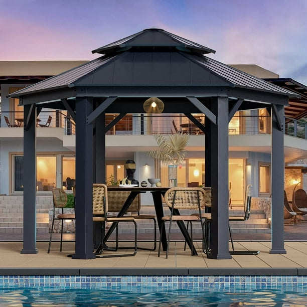 Erommy 15' x 15' Hardtop Gazebo, Outdoor Wood Looking Aluminum Hexagon