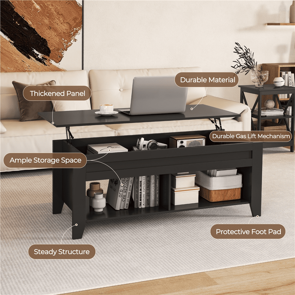 Alden Design 41" Lift Top Coffee Table with 2 Storage Compartments for Living Room, Black