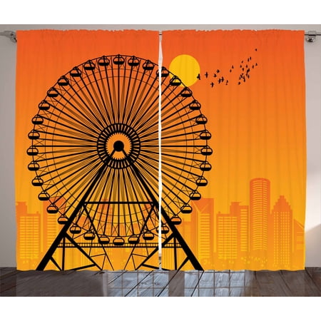 Ferris Wheel Curtains 2 Panels Set Silhouette Cityscape At Sunset With Ferris Wheel In Shadow Window Drapes For Living Room Bedroom 108w X 84l Inches Orange Burnt Orange Black By Ambesonne