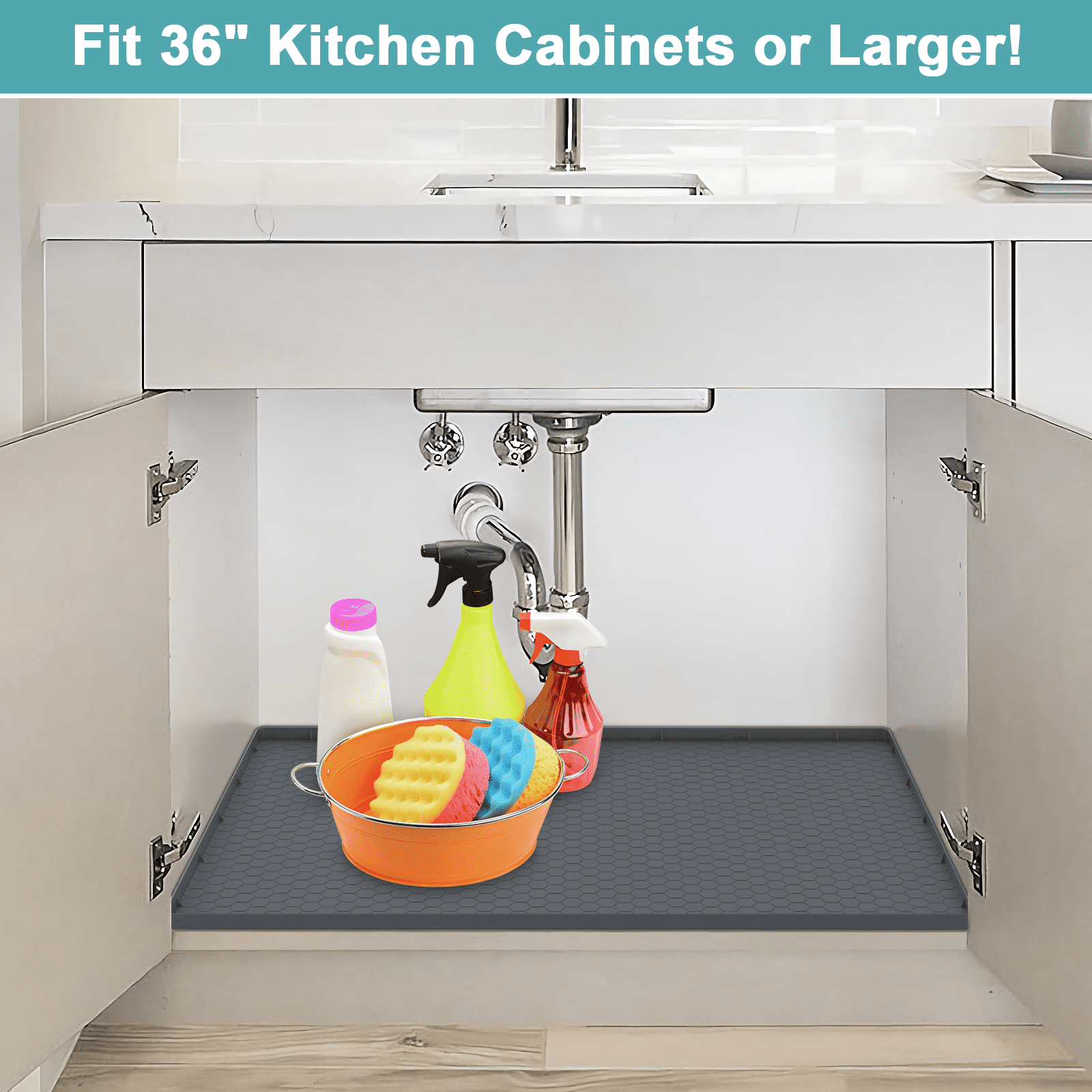 Waterproof Silicone Under Sink Mat with Lip for Kitchen and Bathroom, Under Kitchen Sink Mats and Protectors for 34" x 22" Cabinets, Under Sink Tray Organizer, Shelf Liners Cabinet Liner, Gray