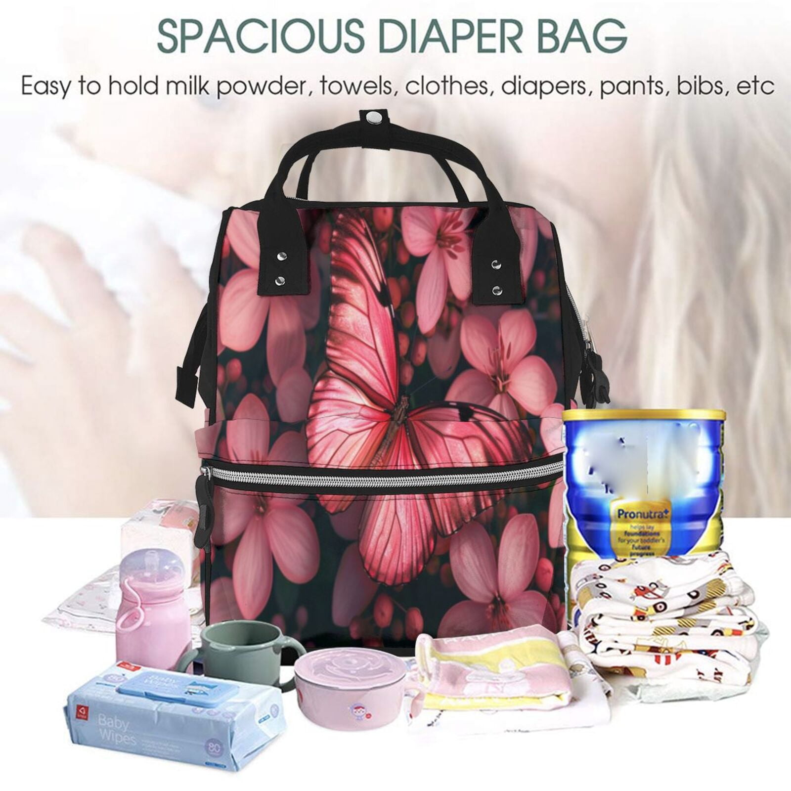 Fuzoiu pink butterfly Print Diaper Bag Backpack,Baby Essentials Travel Tote,Multi function Waterproof Diaper Bag, Travel Essentials Baby Bag - Unisex