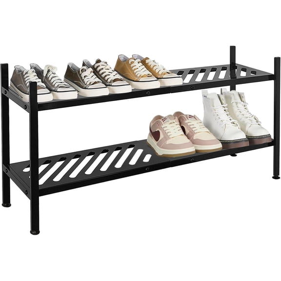 Shoe Rack - Metal Shoe Organizer 2 Tier Shoes Shelf Storage, 35 Inches Stackable Long Show Stand Holder for Closet, Entryway, Garage, Floor, Door Entrance, Black