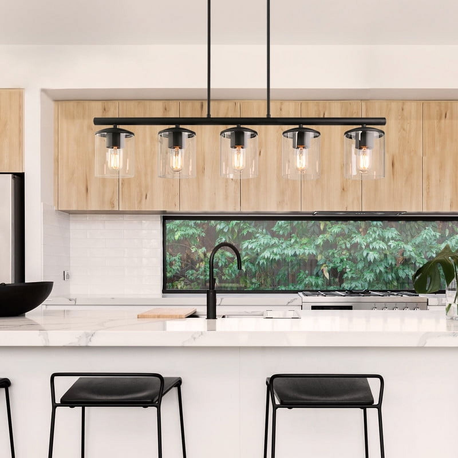 LNC Modern Black 5-Light Linear Kitchen Island Pendant with Clear Glass Shades