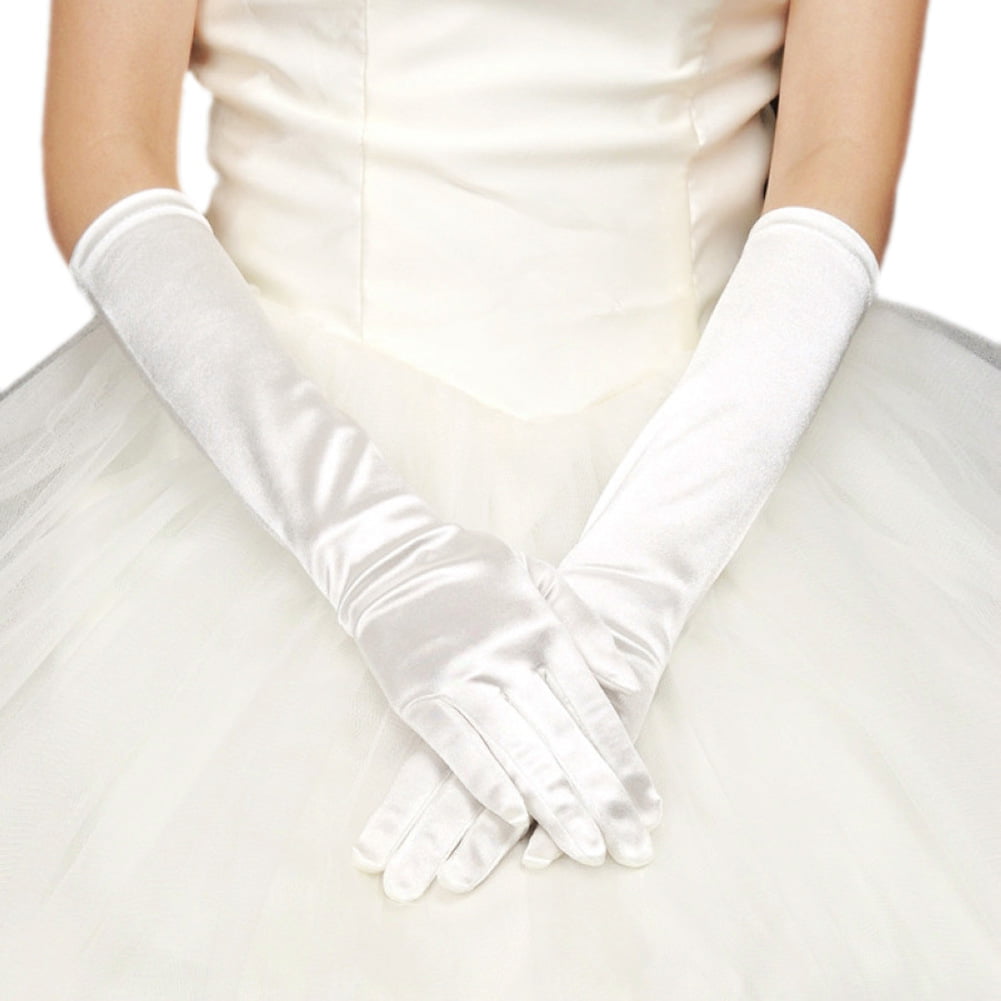 Long Elbow Length White Satin Gloves ~ DANCE WEDDING PROM FORMAL EVENING PARTY 