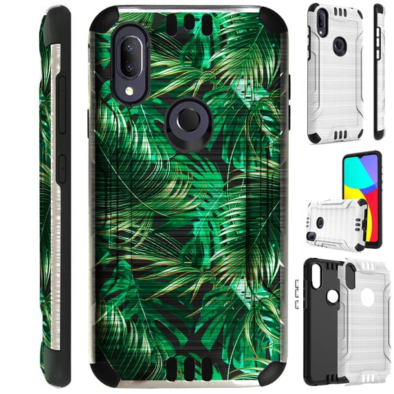 Compatible with Cricket Lumos | Alcatel Axel Brushed Metal Texture Hybrid Silver Guard Phone Case Cover (Black Tropical Leaf)