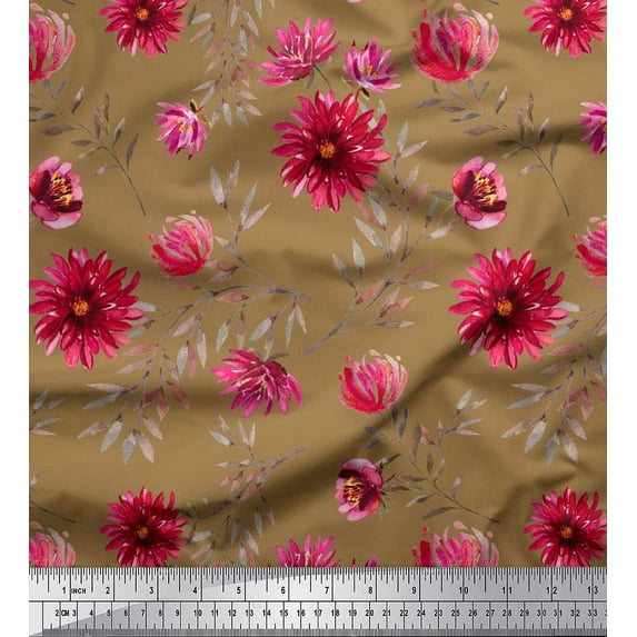 Soimoi Japan Crepe Satin Fabric Leaves & Aster Floral Printed Craft Fabric by the Yard 42 Inch Wide
